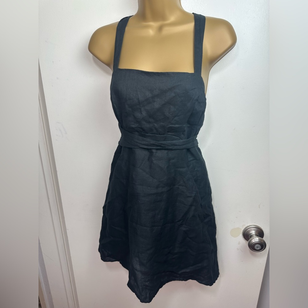 Aulieude Black 100% Linen Chloe Adjustable Crisscross Wrap Around Dress NWT 8